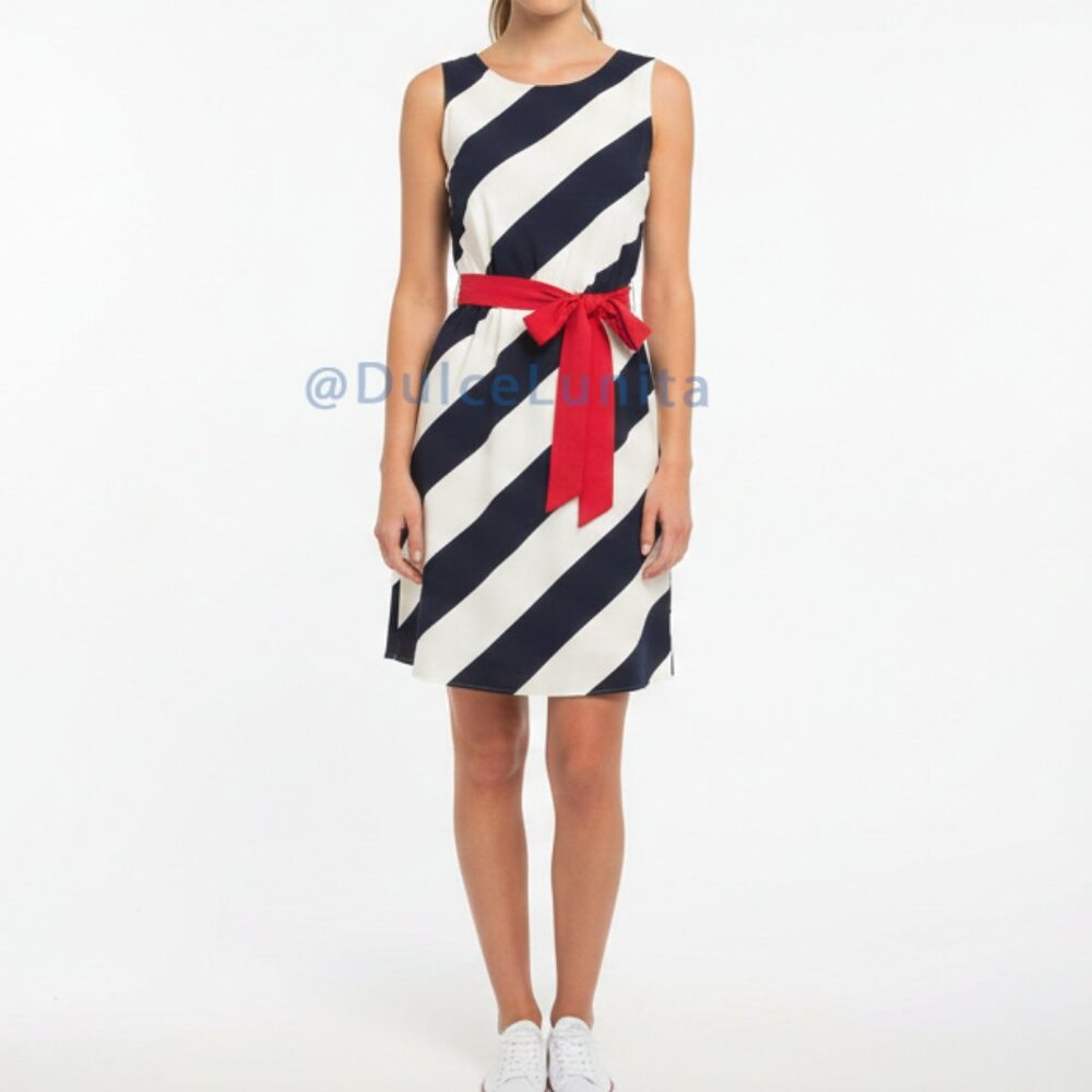 Everly Navy & White Striped Dress with Red Belt Size S